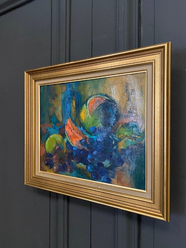 Oil on canvas by Le Boterff still life with fruit 1970 gold frame