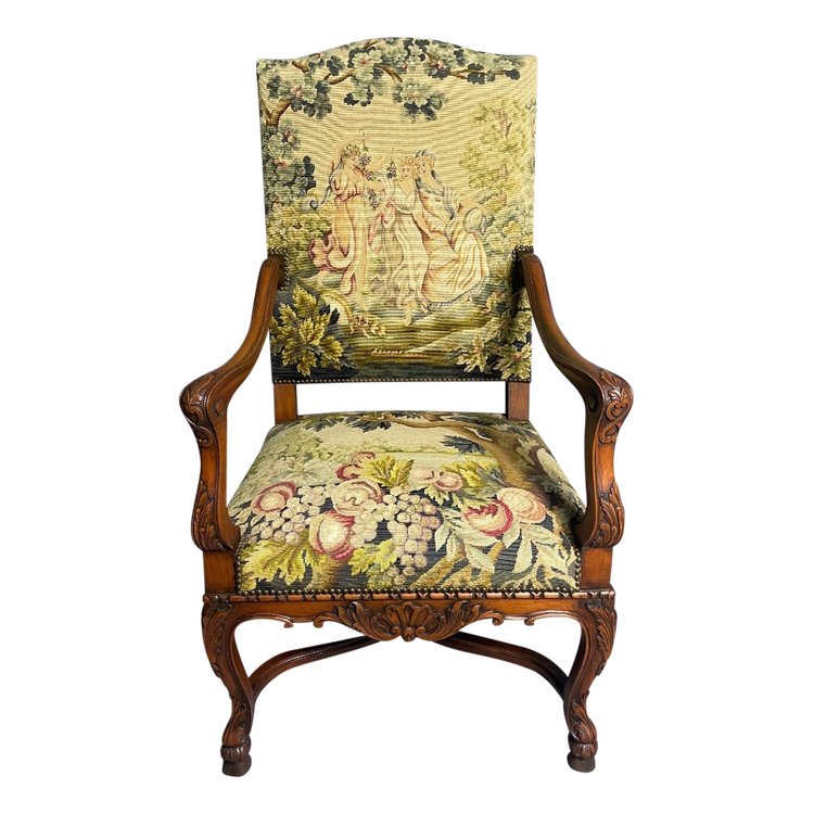 Fauteuil De Style Louis XIV Recouvert D'une Tapisserie Aux Petits Points Polychromé