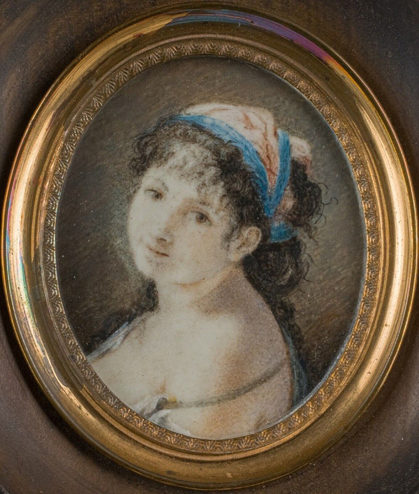 Early 19th century miniature portrait of a young Gypsy woman with scarf