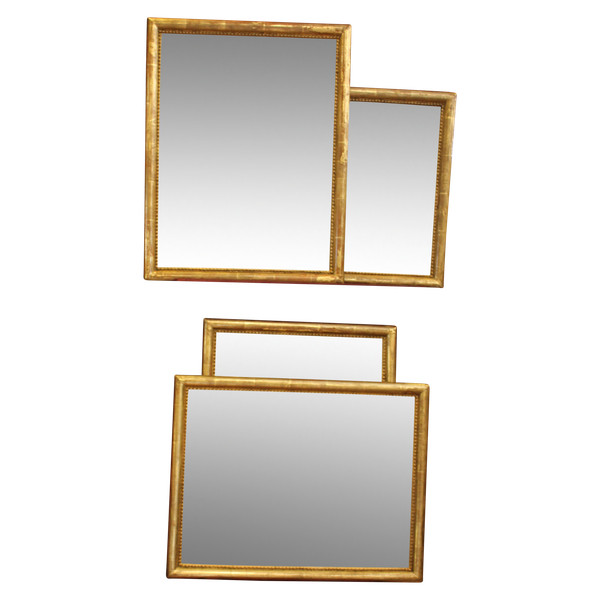 44 X 56 Cm, Paire De Miroirs Rectangle Feuille d'Or, Moulure Demi-jonc Perlée