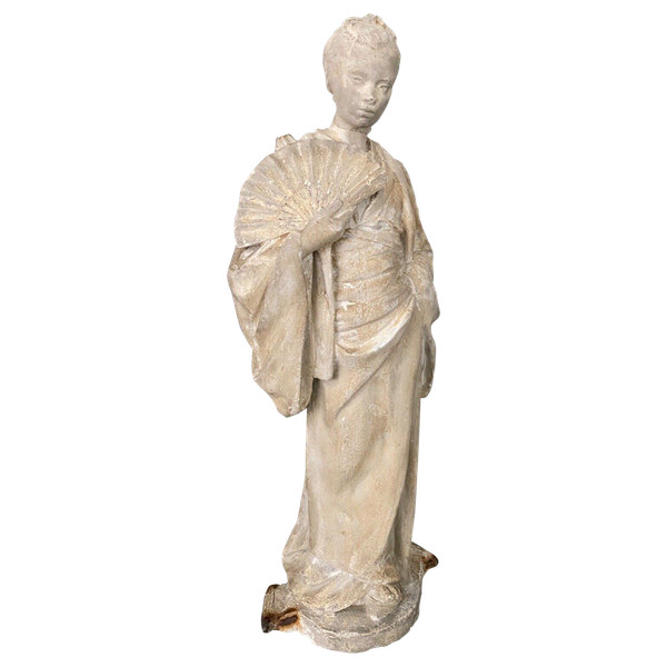 Plaster studio statue by Charles Filleul, woman with fan, 20th century