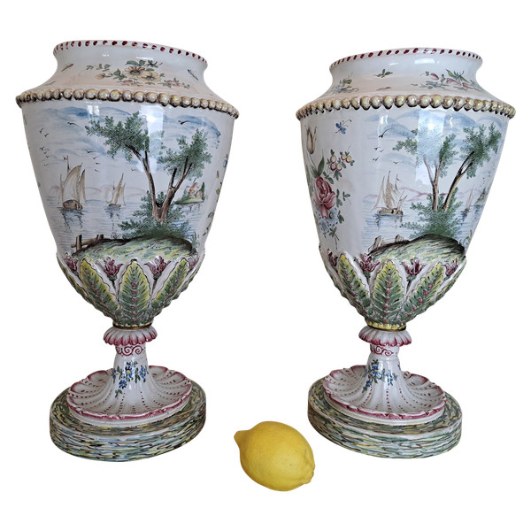 Pair of Large Vases, Veuve Perrin, Marseille, Earthenware, 19th Century.