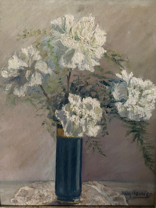 Oil on cardboard signed still life bouquet of flowers early 20th century