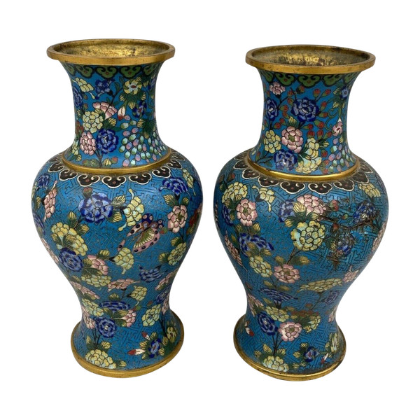 Pair of 19th century Chinese cloisonné vases with floral decoration