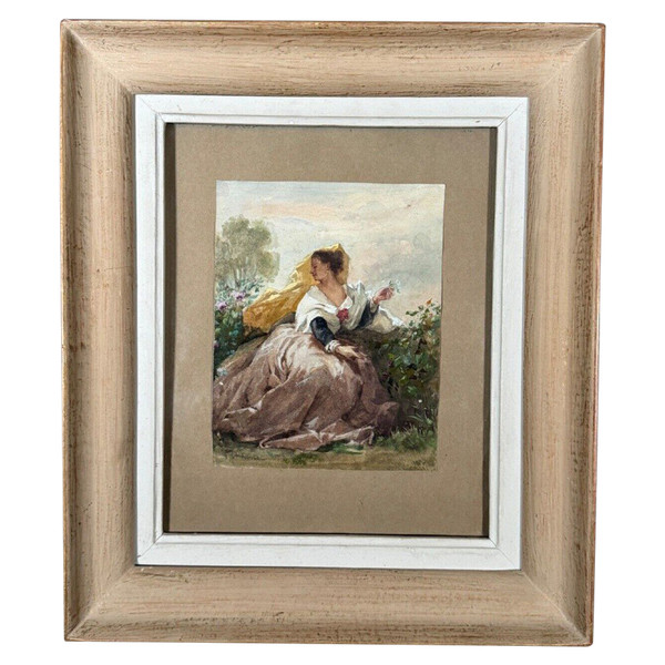 19th century watercolor on paper, signed, representing a woman in costume