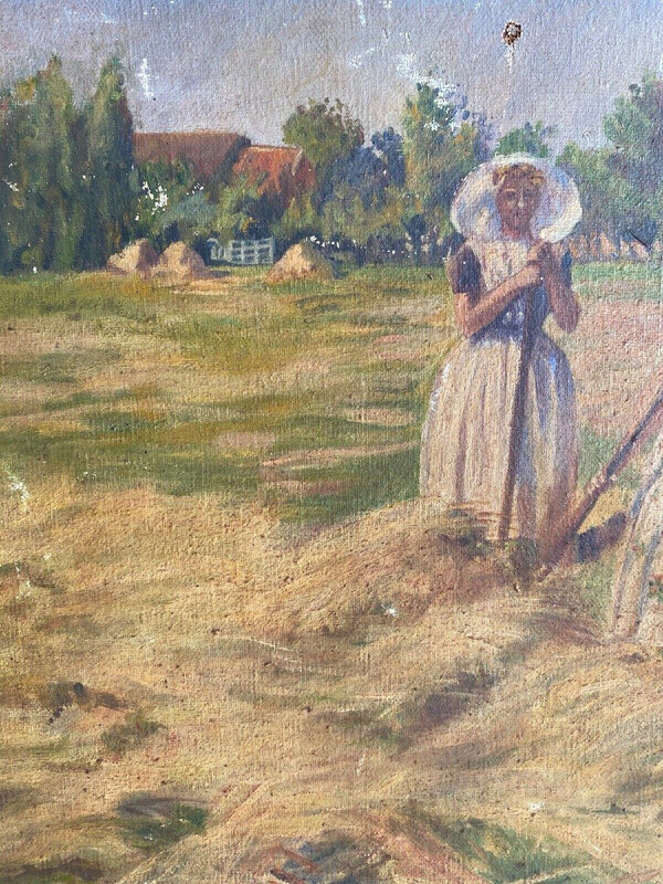 Olio su tela di Donne Geffroy alla mietitura inizi del XX secolo