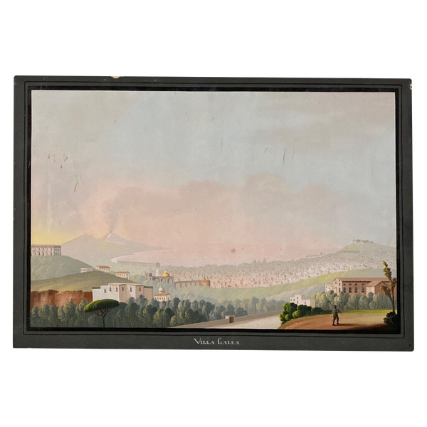 Neapolitan gouache early 19th century Villa Galla Naples eruption of Vesuvius