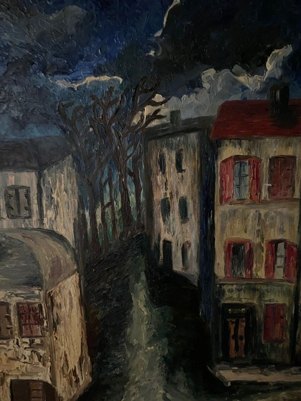 Huile sur panneau par Mick représentant une rue la nuit 1965