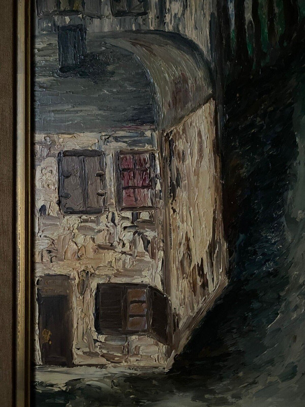 Huile sur panneau par Mick représentant une rue la nuit 1965