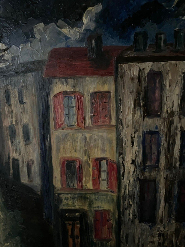 Huile sur panneau par Mick représentant une rue la nuit 1965