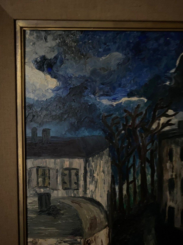 Huile sur panneau par Mick représentant une rue la nuit 1965