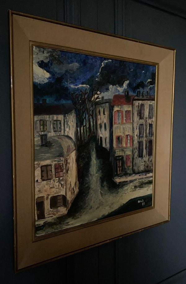 Huile sur panneau par Mick représentant une rue la nuit 1965