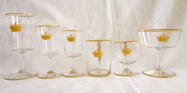 Service de verres 6 pièces en cristal de Baccarat gravé & doré couronne royale, étiquette papier