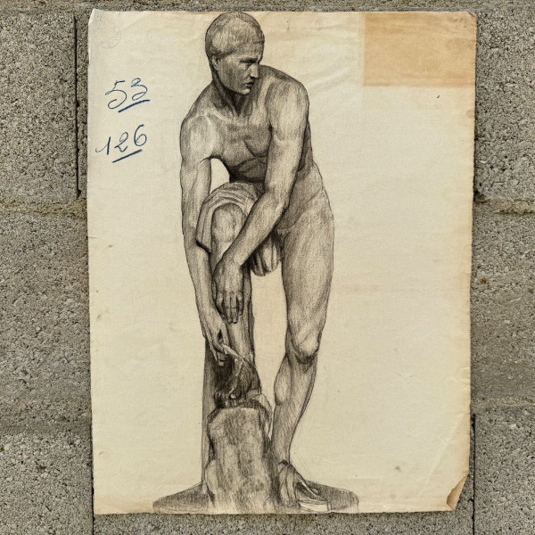 Academic nude in Antique style by Berger known as Lheureux Biloul charcoal 20th century