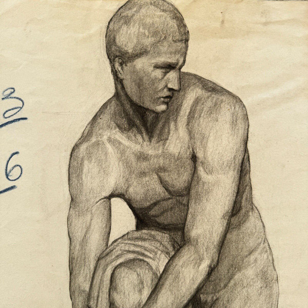 Academic nude in Antique style by Berger known as Lheureux Biloul charcoal 20th century