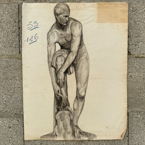 Academic nude in Antique style by Berger known as Lheureux Biloul charcoal 20th century