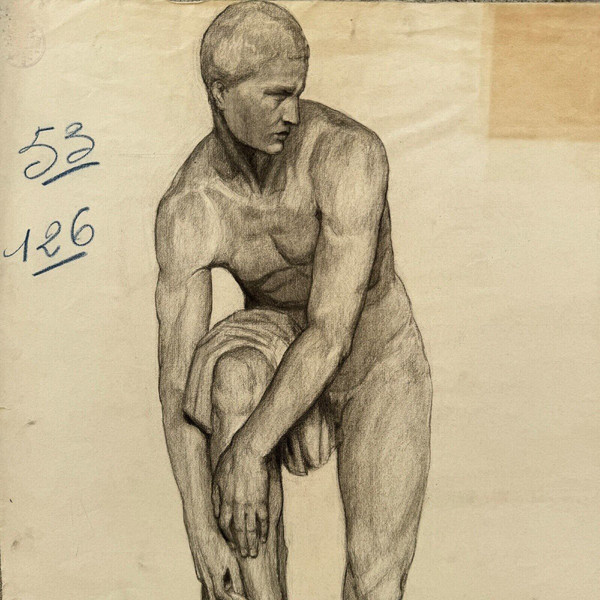 Academic nude in Antique style by Berger known as Lheureux Biloul charcoal 20th century