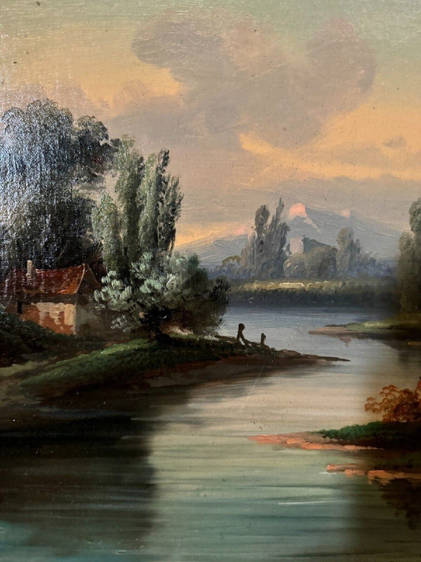 Oil on canvas landscape on the edge of a river late 19th century