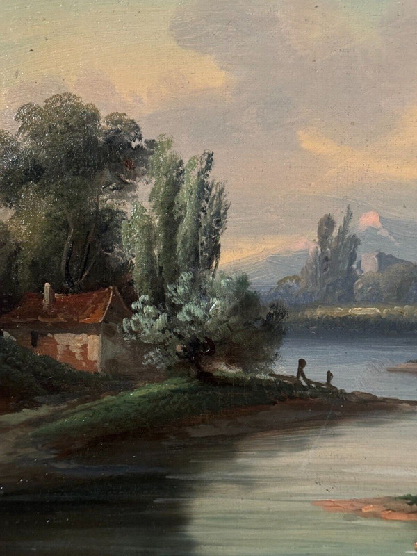 Oil on canvas landscape on the edge of a river late 19th century