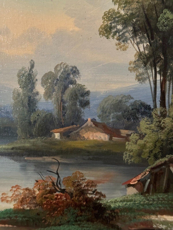 Oil on canvas landscape on the edge of a river late 19th century