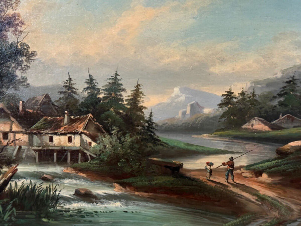 Oil on canvas landscape by a river and mountains in the distance, late 19th century