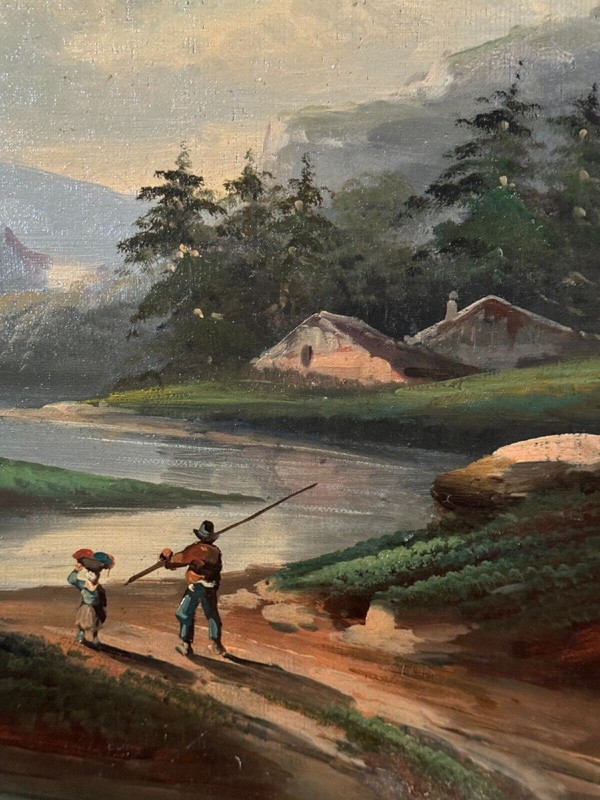 Oil on canvas landscape by a river and mountains in the distance, late 19th century