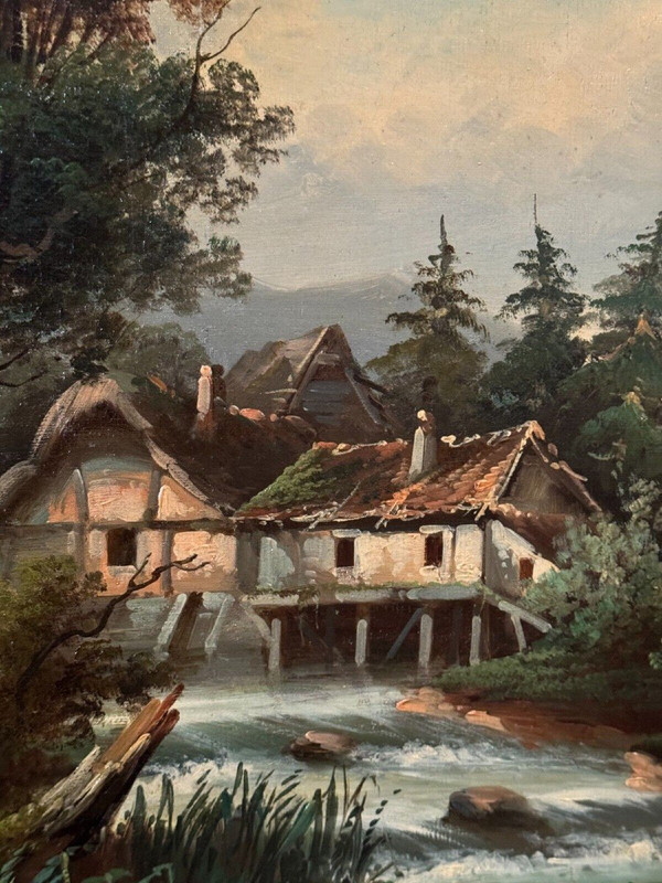 Oil on canvas landscape by a river and mountains in the distance, late 19th century