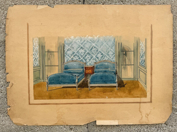 Interior decoration project for a Louis XVI style bedroom in 20th century gouache