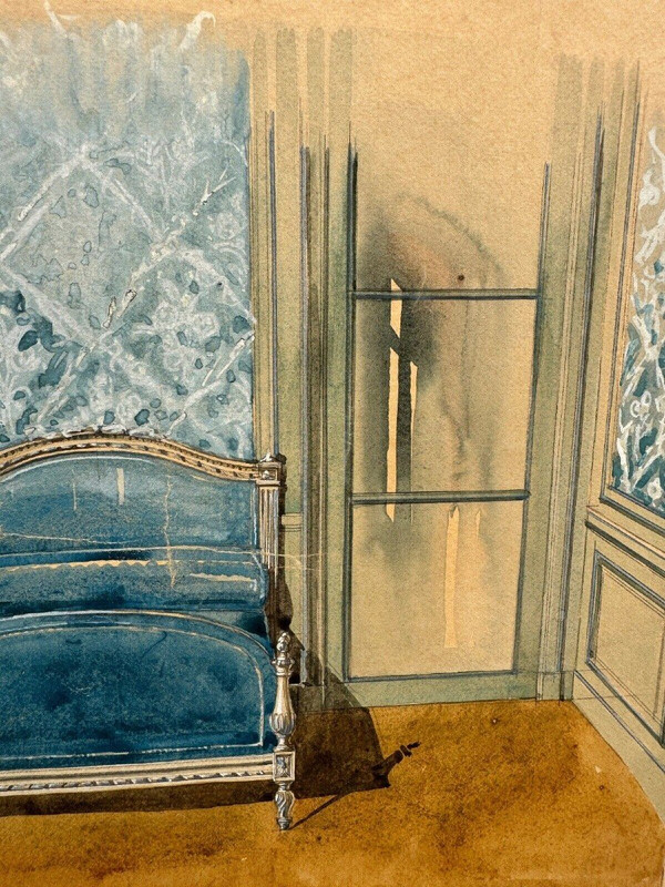 Interior decoration project for a Louis XVI style bedroom in 20th century gouache