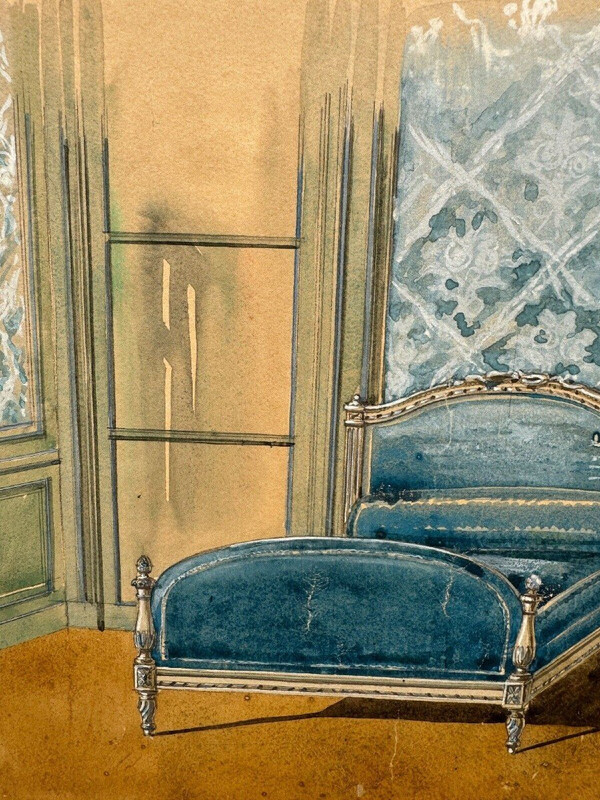 Interior decoration project for a Louis XVI style bedroom in 20th century gouache