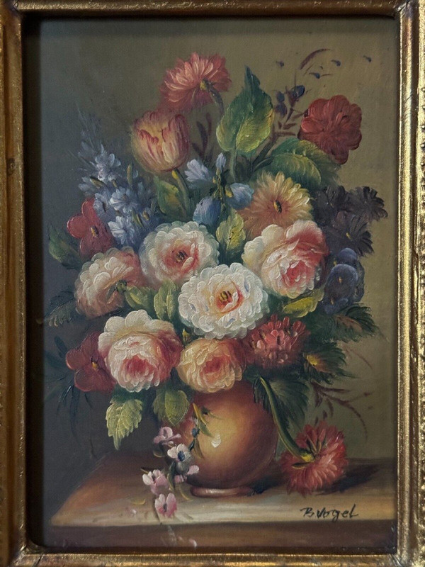 Oil on panel by B. Vogel still life 20th century gilded frame