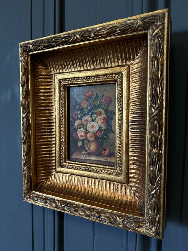 Oil on panel by B. Vogel still life 20th century gilded frame