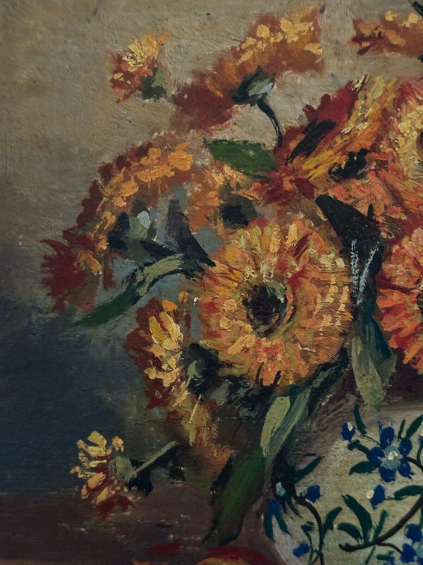 Oil on canvas still life bouquet of flowers 20th century M. Meton