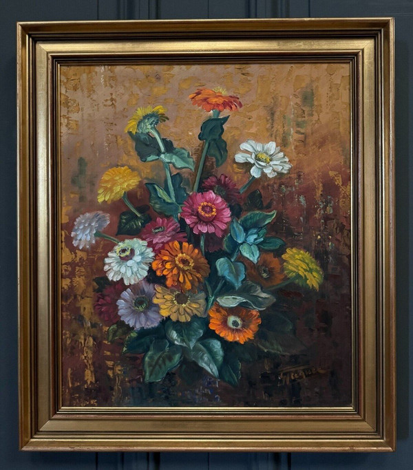 Oil on panel by Picquet still life bouquet of flowers 20th century