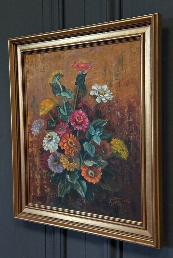 Oil on panel by Picquet still life bouquet of flowers 20th century