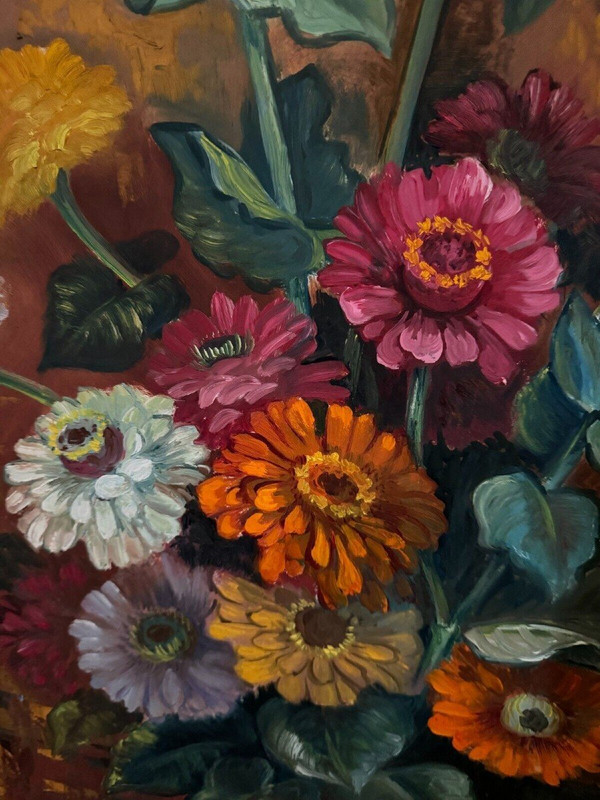 Oil on panel by Picquet still life bouquet of flowers 20th century