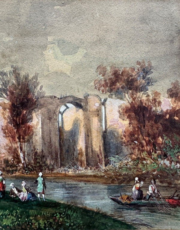 19th century watercolor on paper by Frédéric Legrip representing a canal bank