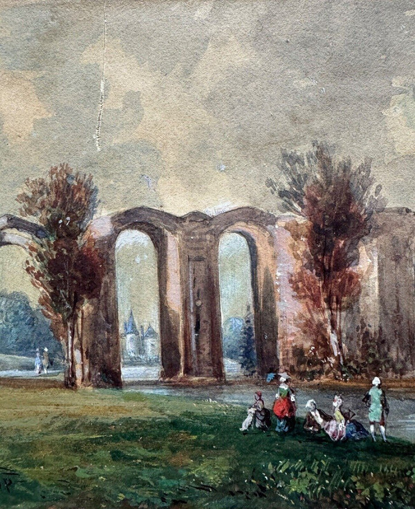 19th century watercolor on paper by Frédéric Legrip representing a canal bank