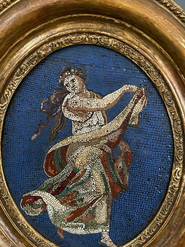 Micro-mosaic plaque of a Greek dancer in Antique 19th century oval frame