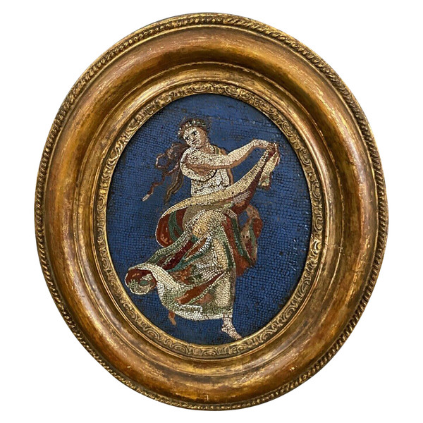 Micro-mosaic plaque of a Greek dancer in Antique 19th century oval frame