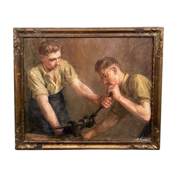 Oil on canvas two workers at work 1930 by F. Saint Pasty