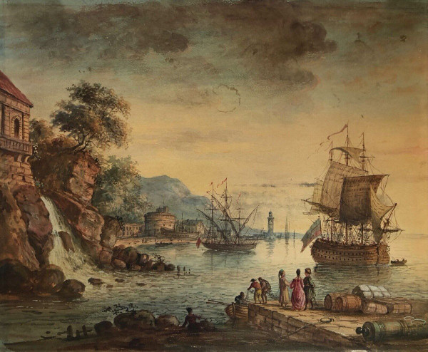 18th century watercolor of a harbor scene with waterfall and ships in a gilded wooden frame