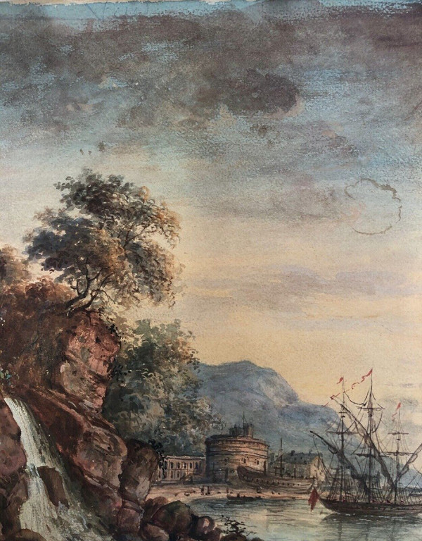 18th century watercolor of a harbor scene with waterfall and ships in a gilded wooden frame