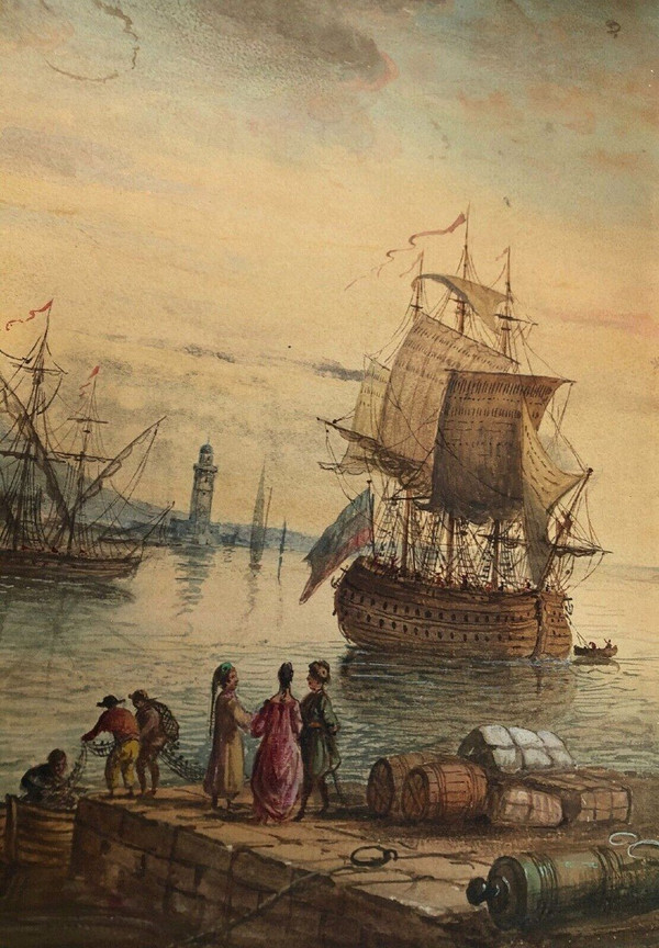 18th century watercolor of a harbor scene with waterfall and ships in a gilded wooden frame