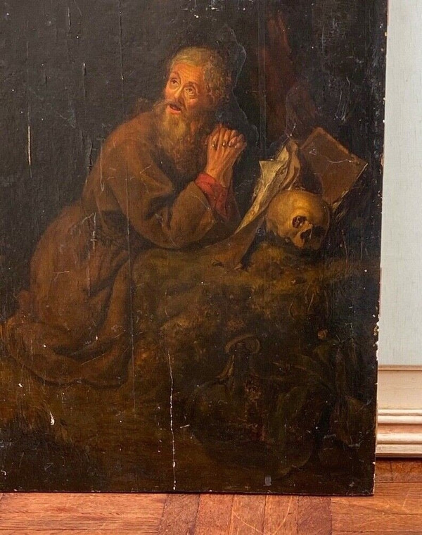 Scene in the taste of Gerrit Dou XVIIth hermit with Vanity oil on panel