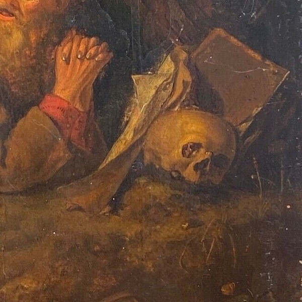 Scene in the taste of Gerrit Dou XVIIth hermit with Vanity oil on panel