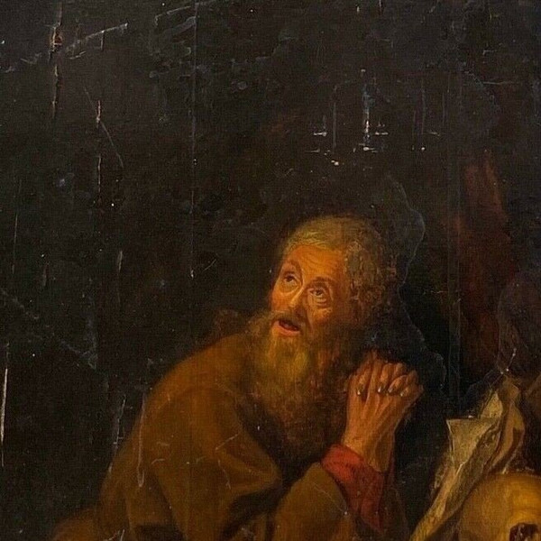 Scene in the taste of Gerrit Dou XVIIth hermit with Vanity oil on panel