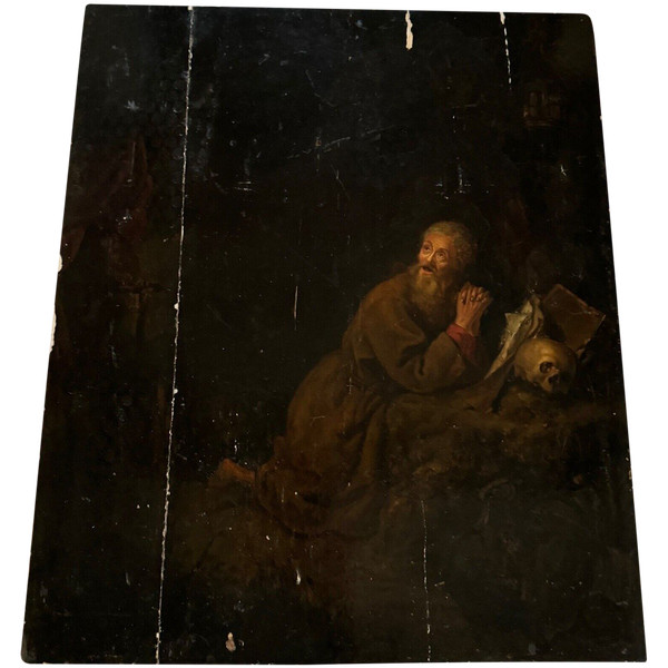 Scene in the taste of Gerrit Dou XVIIth hermit with Vanity oil on panel