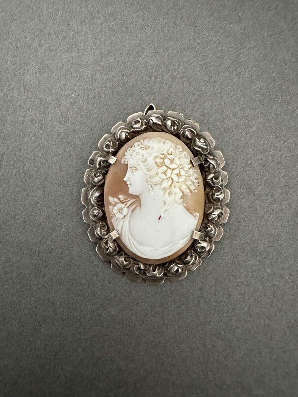 Late 19th century brooch cameo depicting a woman's profile in the Antique style.