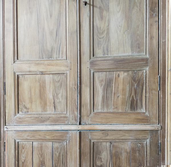 Two antique double cupboard doors in noble wood with their front woodwork frame